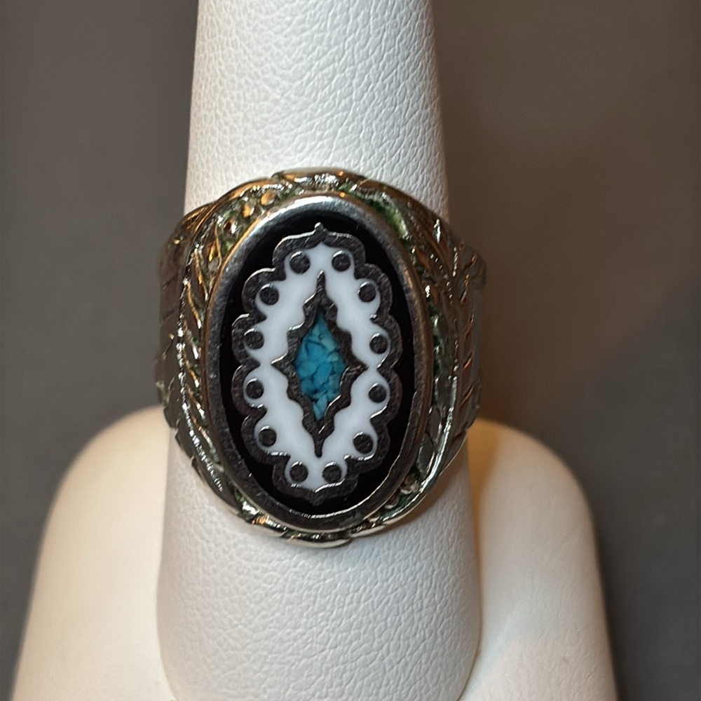 Sterling Ring with Inlaid Turquoise, Mother of Pearl and Onyx
